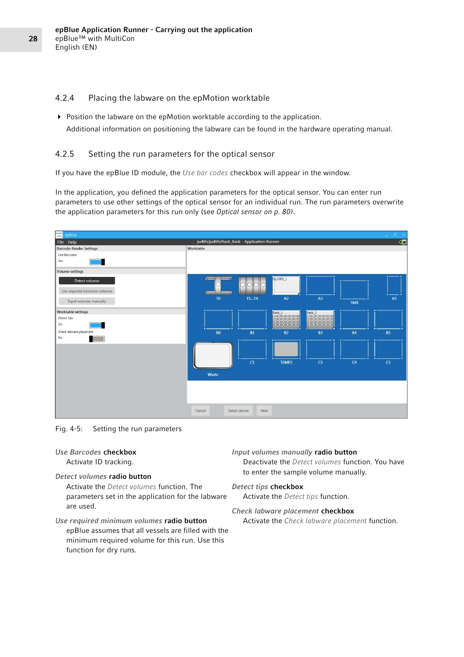 4 placing the labware on the epmotion worktable, Placing the labware on the epmotion worktable, Setting the run parameters for the optical sensor | Eppendorf epBlue with MultiCon User Manual | Page 28 / 180