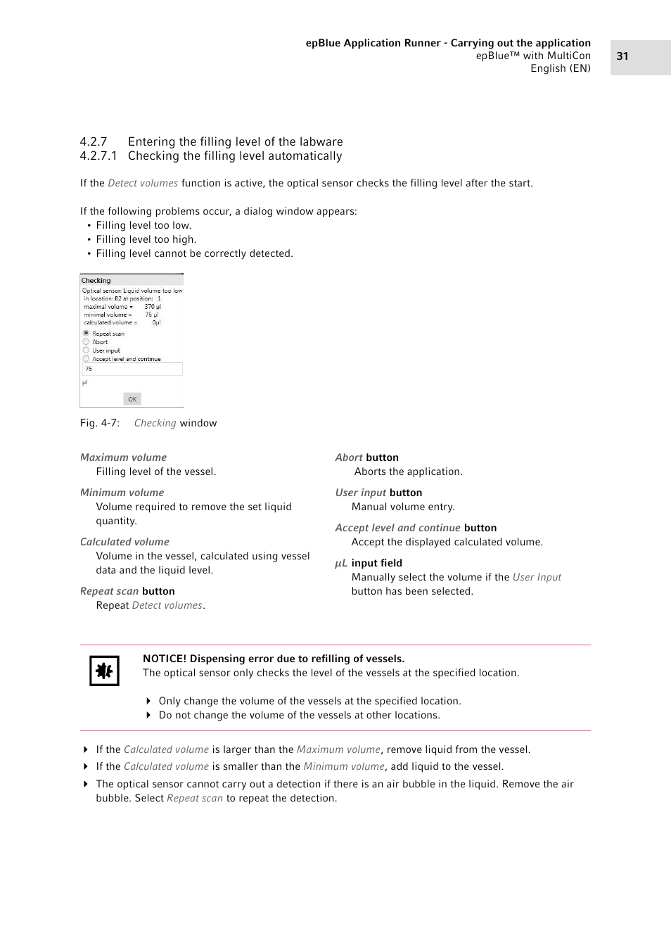 7 entering the filling level of the labware, Entering the filling level of the labware | Eppendorf epBlue with MultiCon User Manual | Page 31 / 180