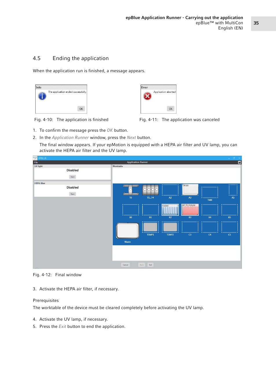 5 ending the application, Ending the application | Eppendorf epBlue with MultiCon User Manual | Page 35 / 180