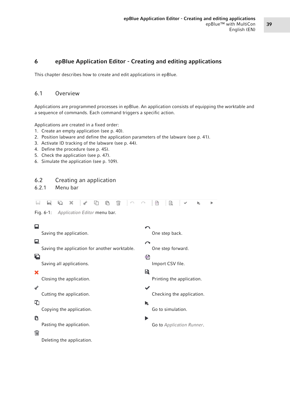 1 overview, 2 creating an application, 1 menu bar | Overview, Creating an application 6.2.1, Menu bar | Eppendorf epBlue with MultiCon User Manual | Page 39 / 180