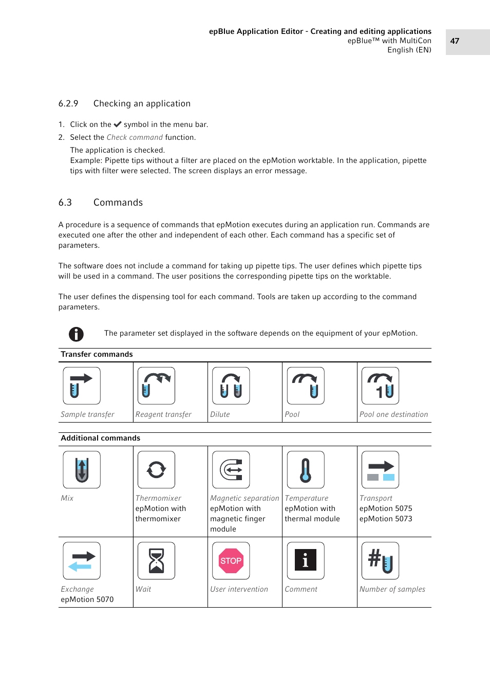 9 checking an application, 3 commands, Checking an application | Commands, Check the application (see p. 47) | Eppendorf epBlue with MultiCon User Manual | Page 47 / 180