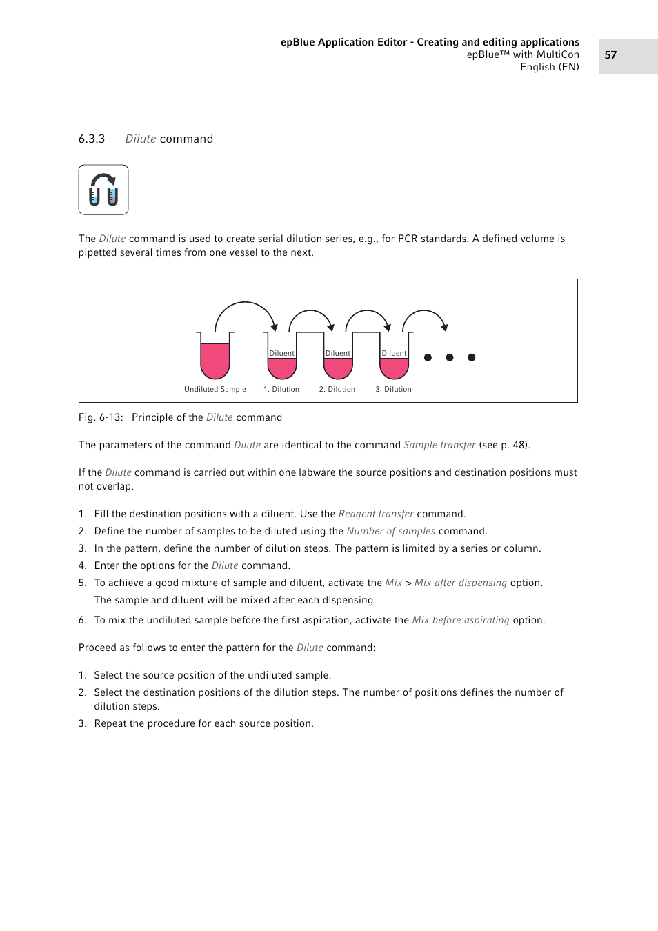 3 dilute command, Dilute command | Eppendorf epBlue with MultiCon User Manual | Page 57 / 180