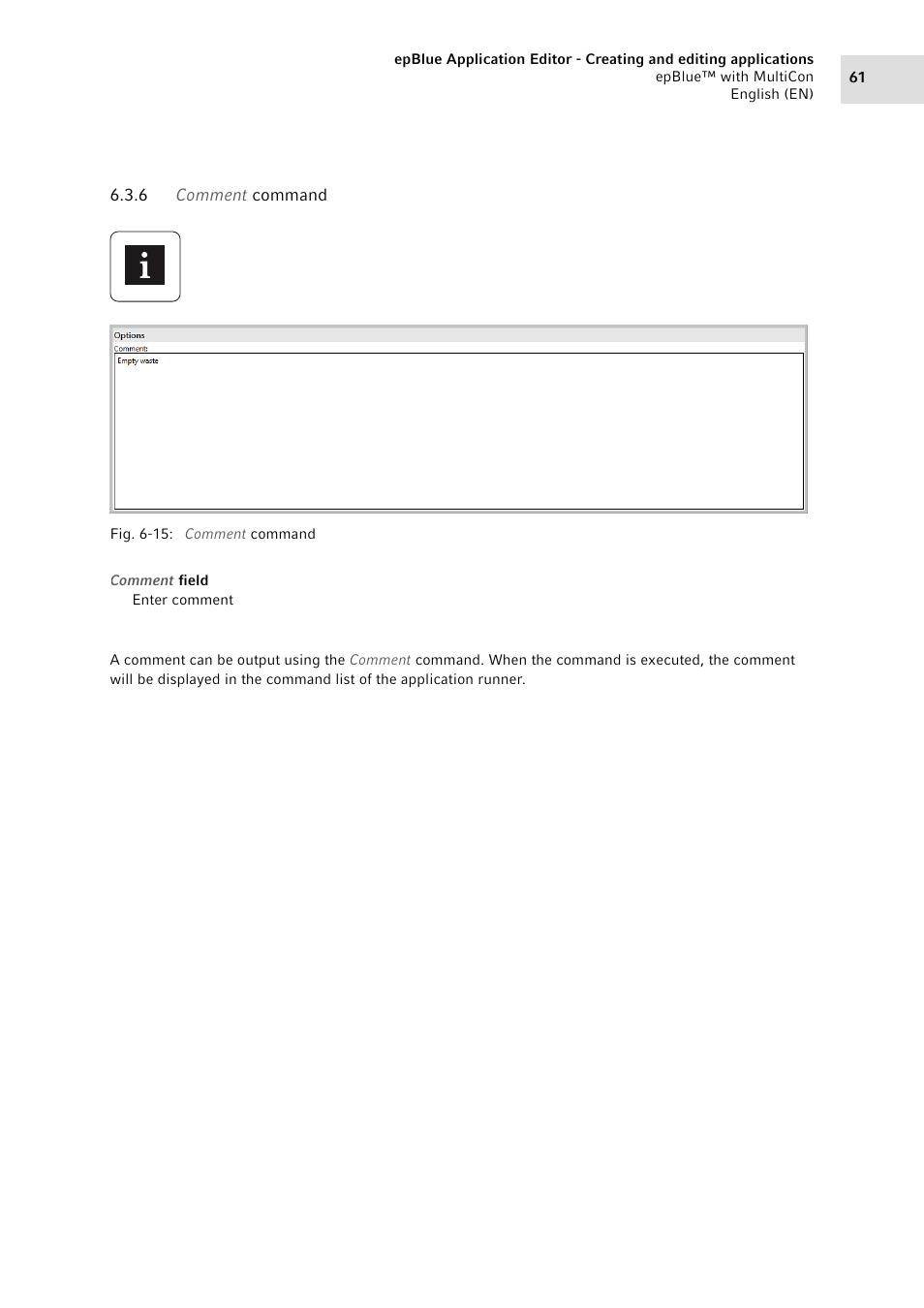 6 comment command, Comment command | Eppendorf epBlue with MultiCon User Manual | Page 61 / 180