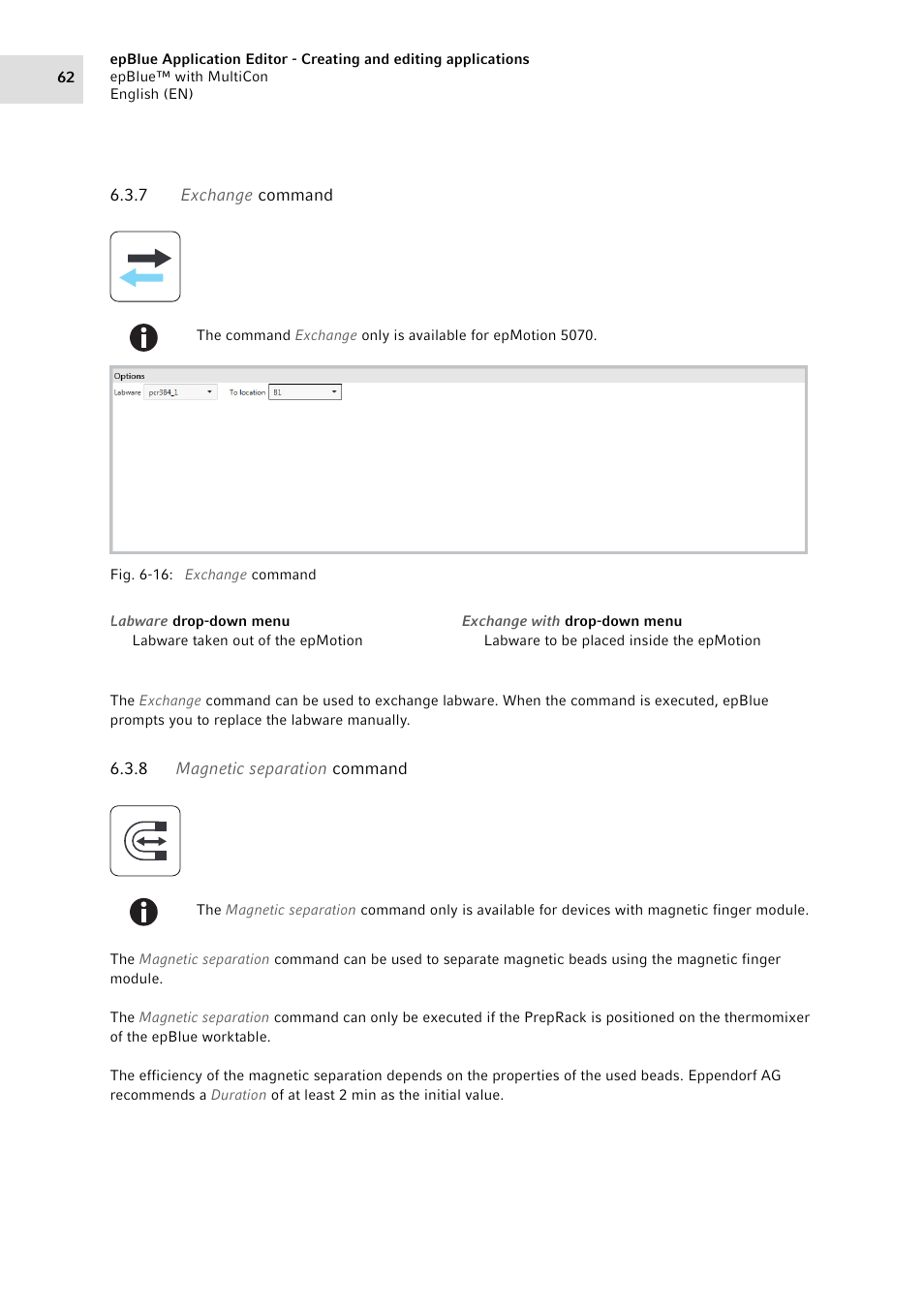 7 exchange command, 8 magnetic separation command, Exchange command | Magnetic separation command | Eppendorf epBlue with MultiCon User Manual | Page 62 / 180