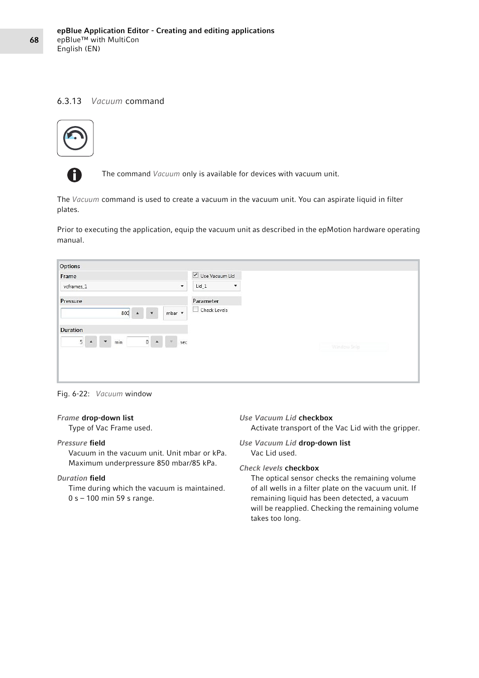 13 vacuum command, Vacuum command | Eppendorf epBlue with MultiCon User Manual | Page 68 / 180