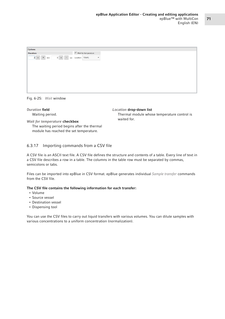 17 importing commands from a csv file, Importing commands from a csv file | Eppendorf epBlue with MultiCon User Manual | Page 71 / 180