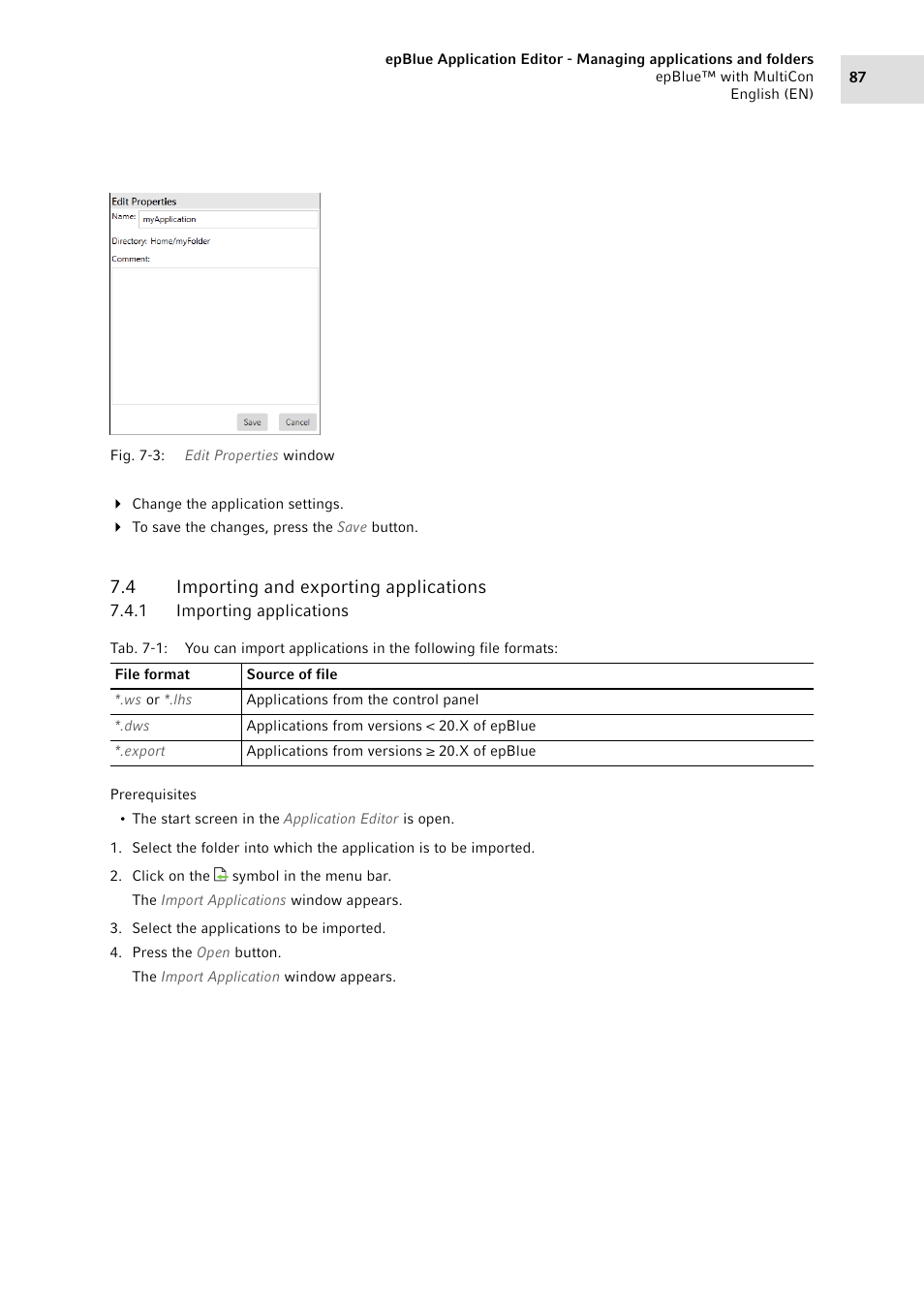 4 importing and exporting applications, 1 importing applications, Importing and exporting applications 7.4.1 | Importing applications | Eppendorf epBlue with MultiCon User Manual | Page 87 / 180