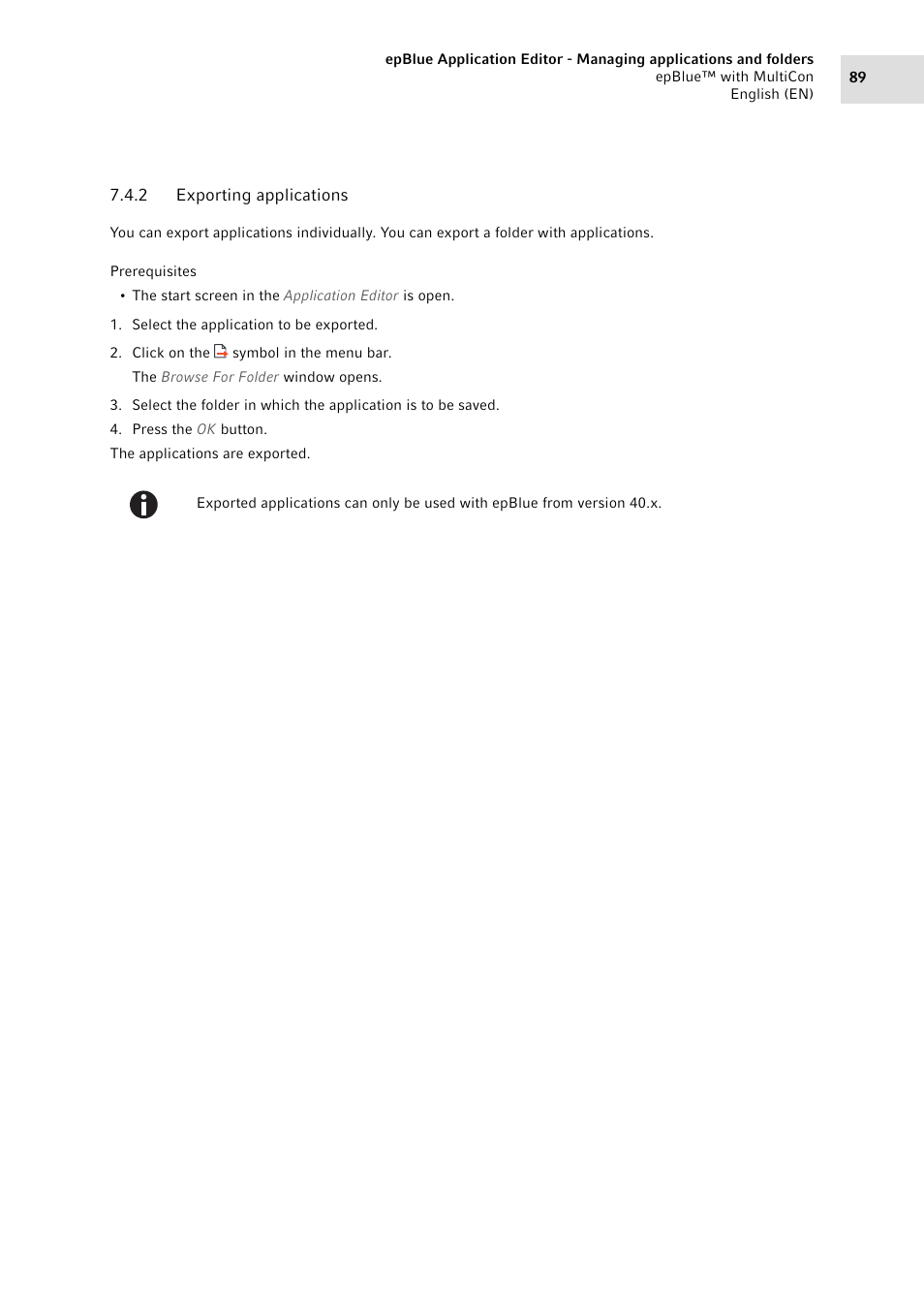 2 exporting applications, Exporting applications | Eppendorf epBlue with MultiCon User Manual | Page 89 / 180