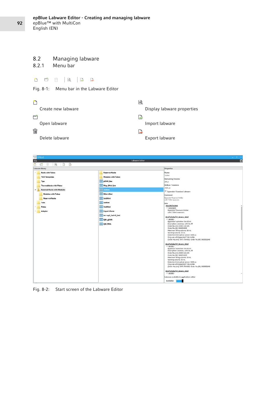 2 managing labware, 1 menu bar, Managing labware 8.2.1 | Menu bar | Eppendorf epBlue with MultiCon User Manual | Page 92 / 180