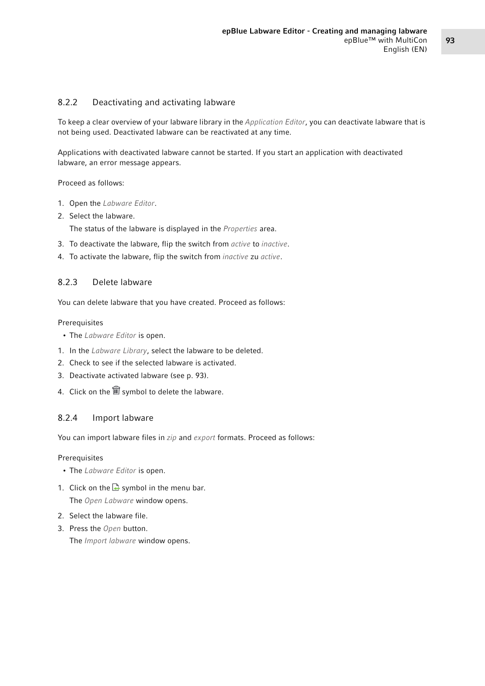 2 deactivating and activating labware, 3 delete labware, 4 import labware | Deactivating and activating labware, Delete labware, Import labware | Eppendorf epBlue with MultiCon User Manual | Page 93 / 180
