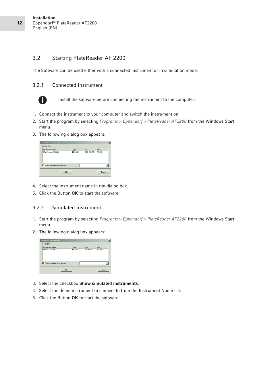 2 starting platereader af 2200, 1 connected instrument, 2 simulated instrument | Starting platereader af 2200 3.2.1, Connected instrument, Simulated instrument | Eppendorf AF2200 Plate Reader User Manual | Page 12 / 78