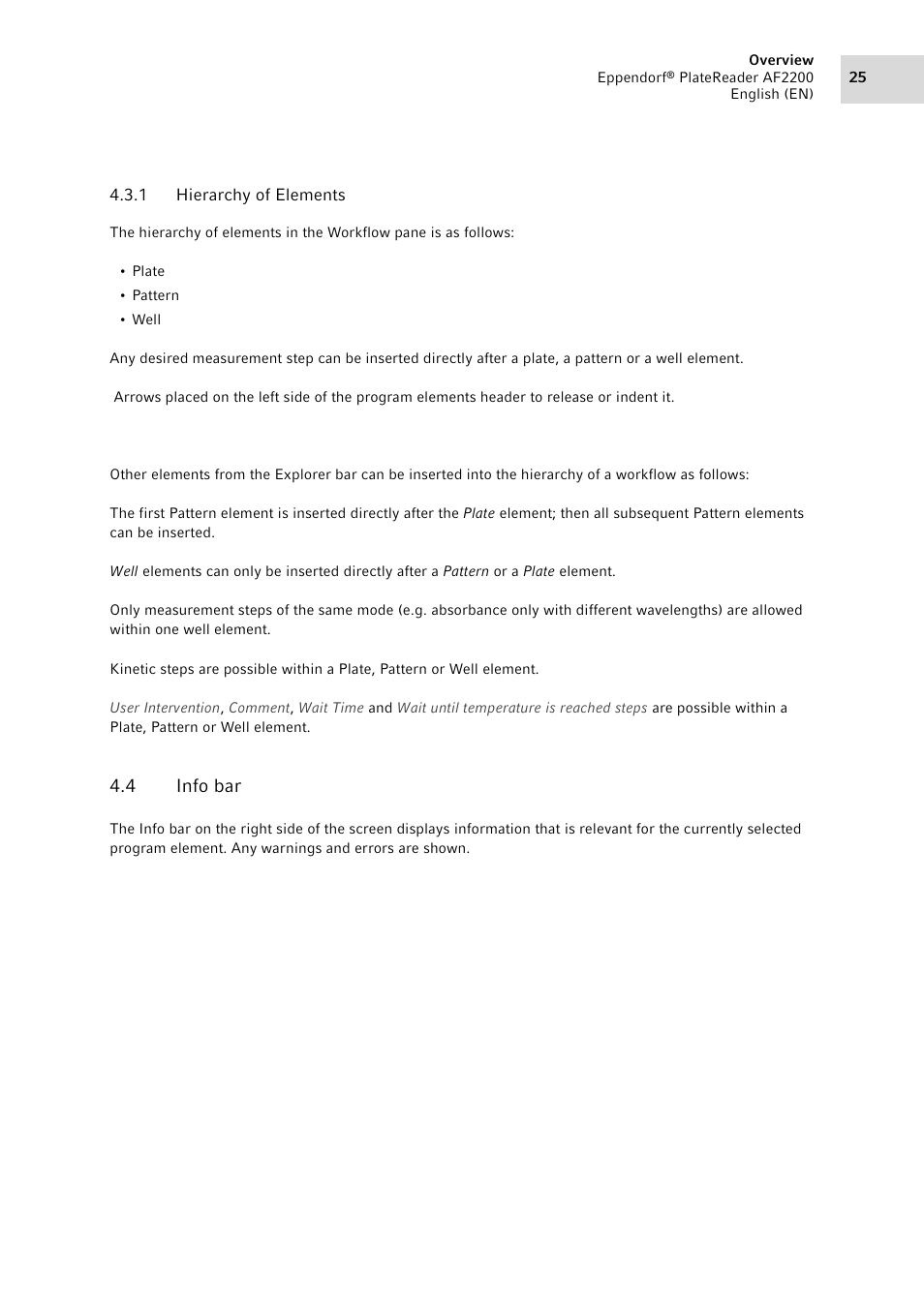 1 hierarchy of elements, 4 info bar, Info bar | Eppendorf AF2200 Plate Reader User Manual | Page 25 / 78