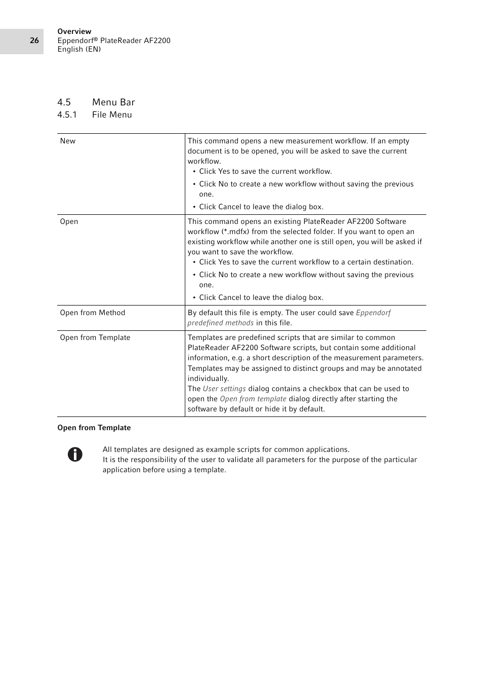 5 menu bar, 1 file menu, Menu bar 4.5.1 | File menu | Eppendorf AF2200 Plate Reader User Manual | Page 26 / 78