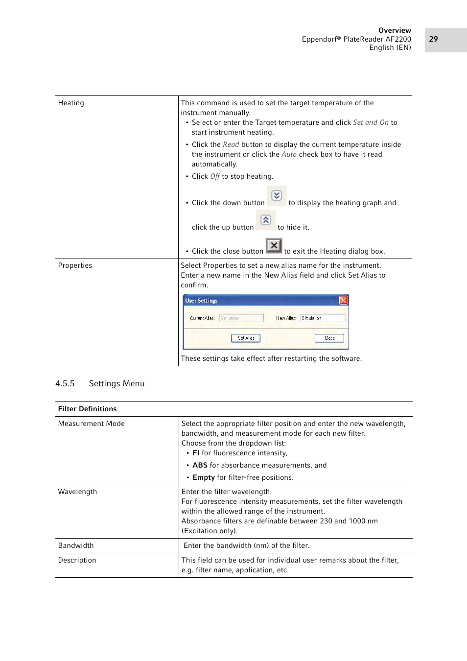 5 settings menu, Settings menu | Eppendorf AF2200 Plate Reader User Manual | Page 29 / 78