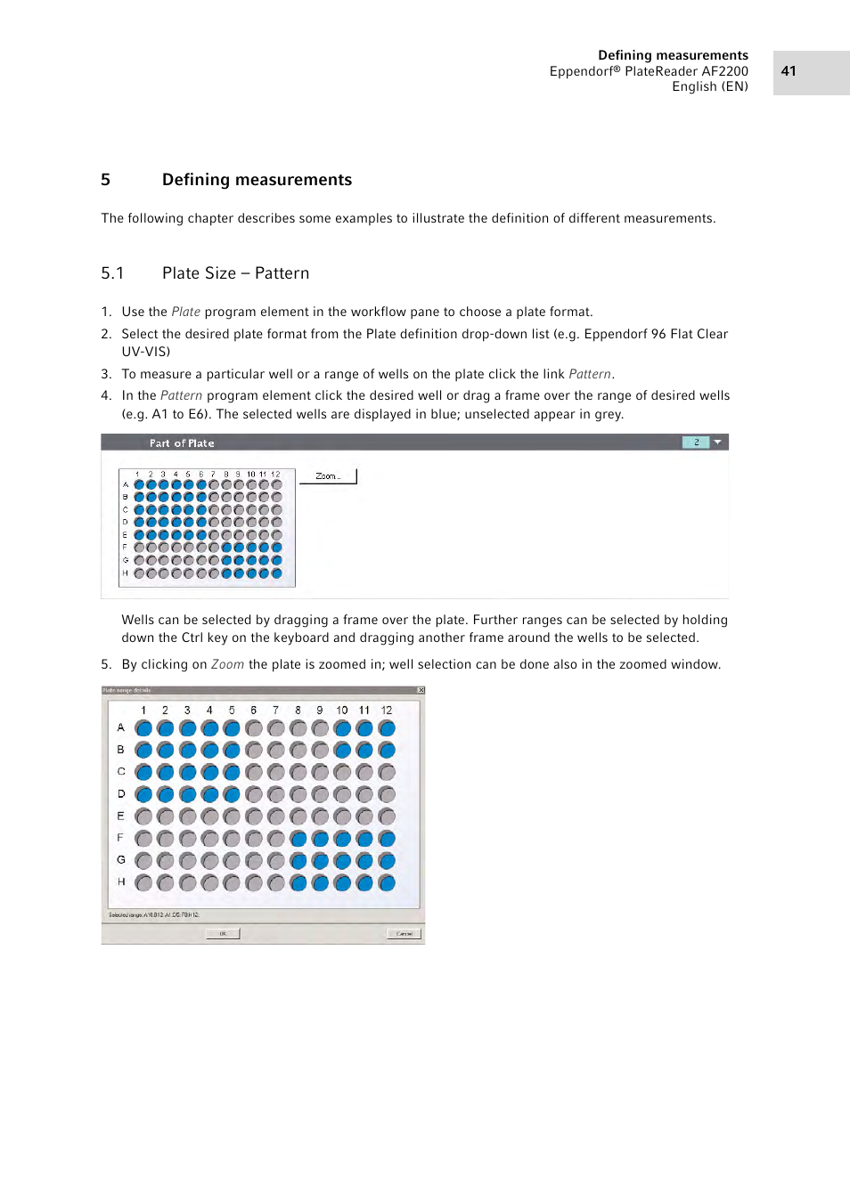 5 defining measurements, 1 plate size – pattern, Defining measurements 5.1 | Plate size – pattern, 5defining measurements | Eppendorf AF2200 Plate Reader User Manual | Page 41 / 78