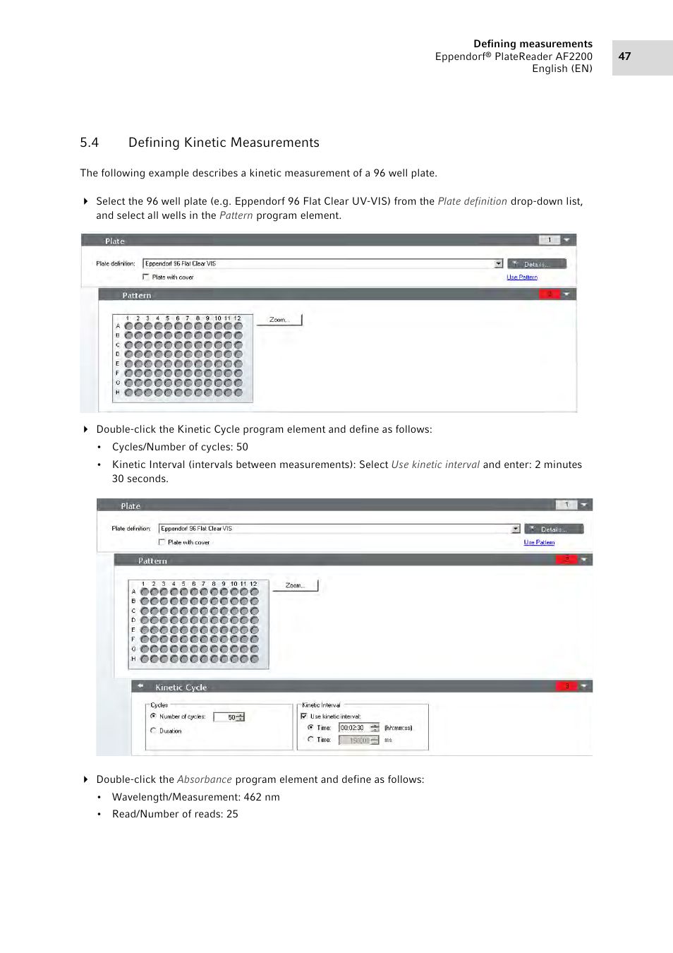4 defining kinetic measurements, Defining kinetic measurements | Eppendorf AF2200 Plate Reader User Manual | Page 47 / 78