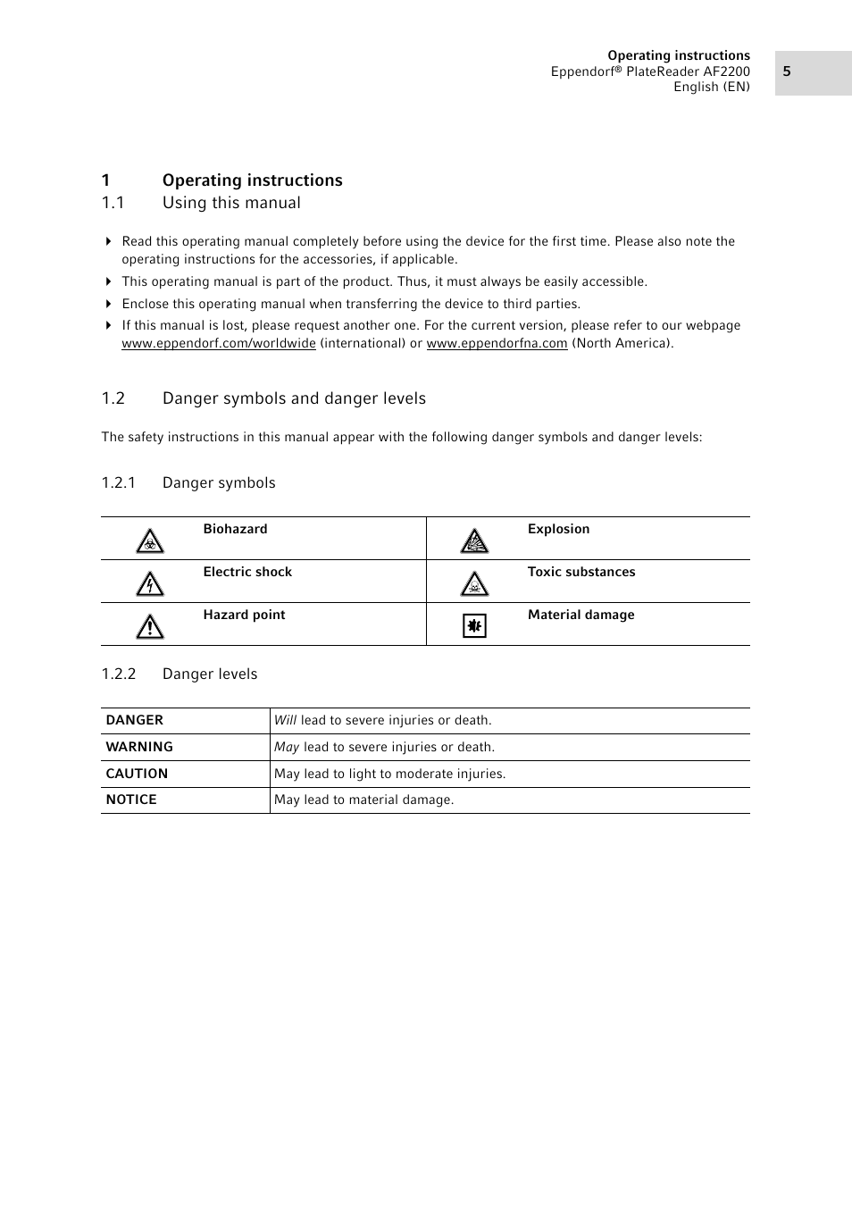 1 operating instructions, 1 using this manual, 2 danger symbols and danger levels | 1 danger symbols, 2 danger levels, Operating instructions 1.1, Using this manual, Danger symbols and danger levels 1.2.1, Danger symbols, Danger levels | Eppendorf AF2200 Plate Reader User Manual | Page 5 / 78