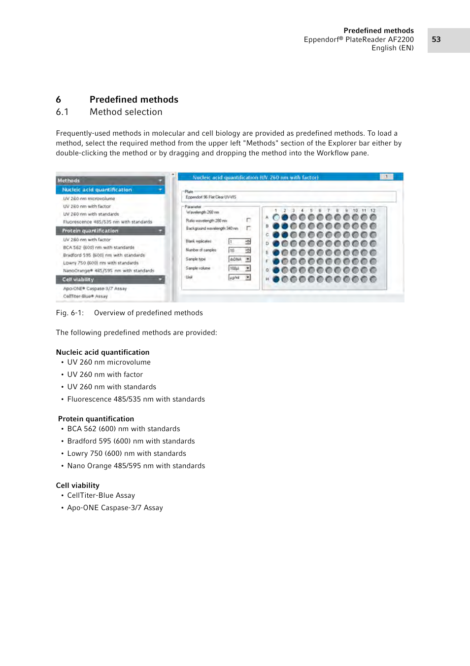 6 predefined methods, 1 method selection, Predefined methods 6.1 | Method selection, 6predefined methods 6.1 method selection | Eppendorf AF2200 Plate Reader User Manual | Page 53 / 78