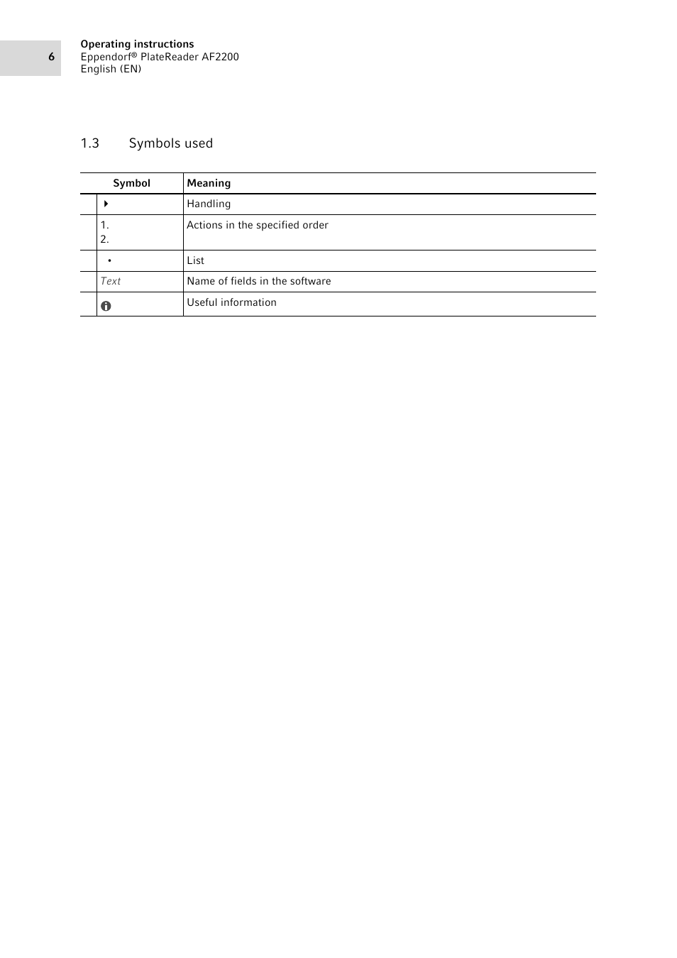 3 symbols used, Symbols used | Eppendorf AF2200 Plate Reader User Manual | Page 6 / 78