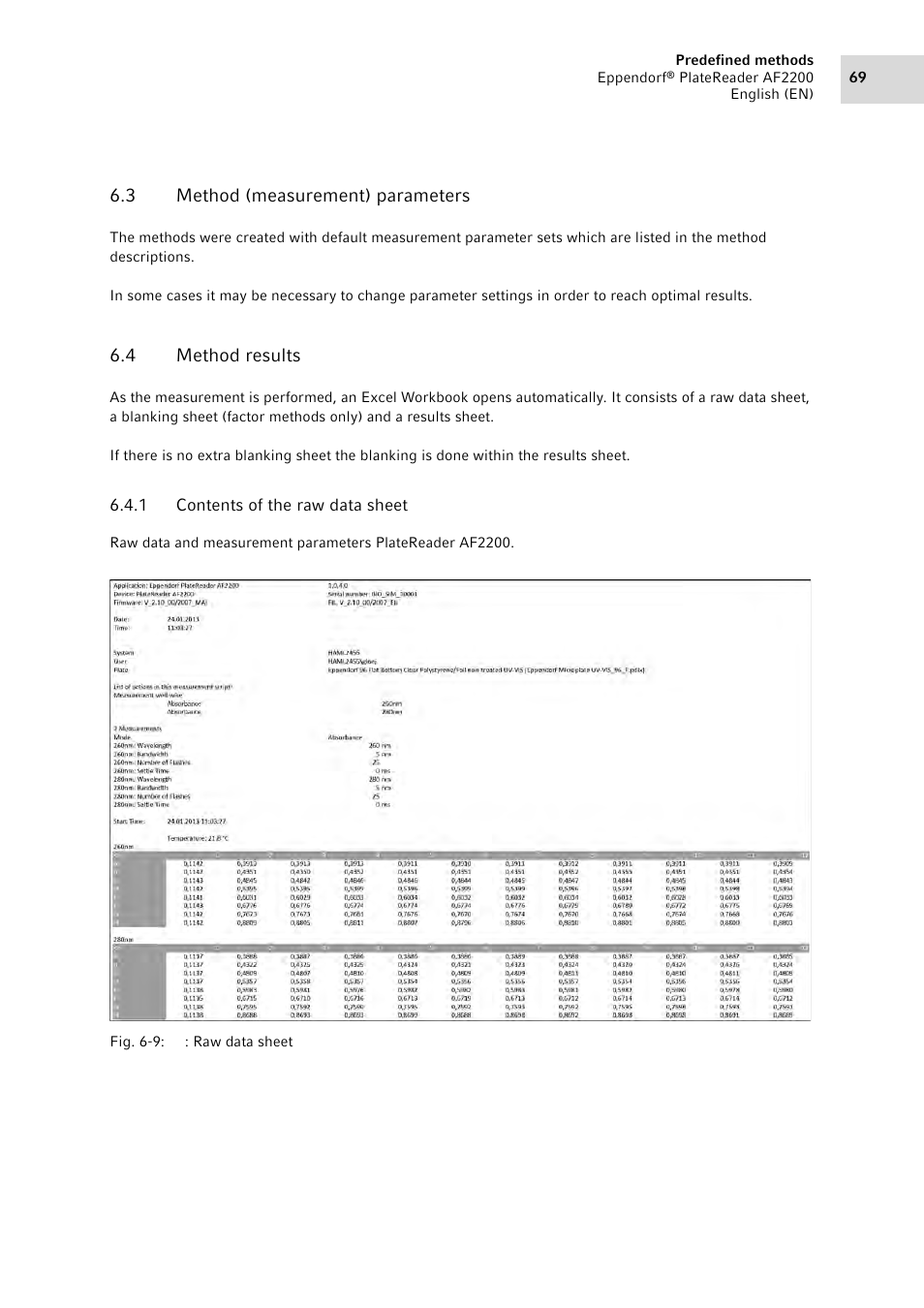 3 method (measurement) parameters, 4 method results, 1 contents of the raw data sheet | Method (measurement) parameters, Method results 6.4.1, Contents of the raw data sheet | Eppendorf AF2200 Plate Reader User Manual | Page 69 / 78