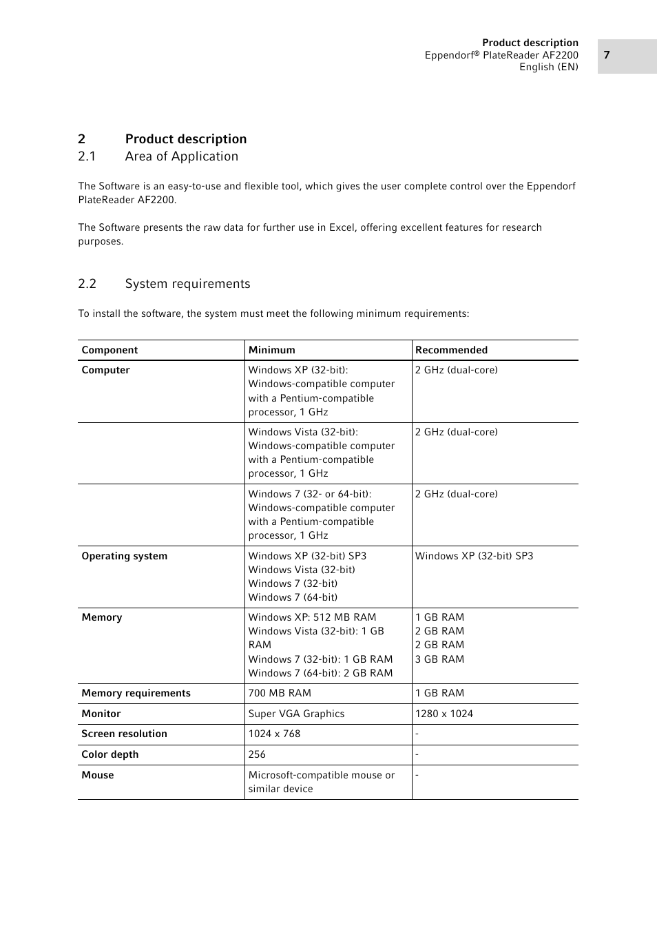 2 product description, 1 area of application, 2 system requirements | Product description 2.1, Area of application, System requirements, 2product description 2.1 area of application | Eppendorf AF2200 Plate Reader User Manual | Page 7 / 78