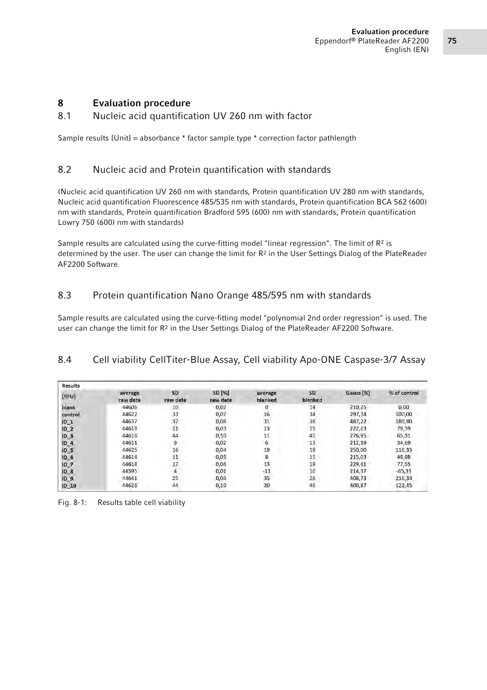 8 evaluation procedure, Evaluation procedure 8.1, Nucleic acid quantification uv 260 nm with factor | Eppendorf AF2200 Plate Reader User Manual | Page 75 / 78