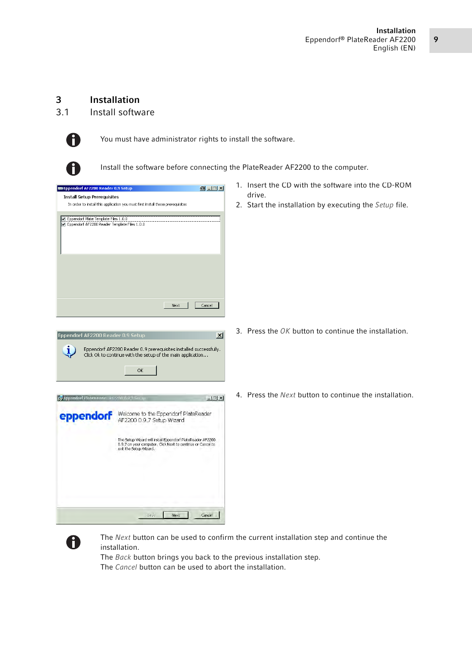 3 installation, 1 install software, Installation 3.1 | Install software, 3installation 3.1 install software | Eppendorf AF2200 Plate Reader User Manual | Page 9 / 78