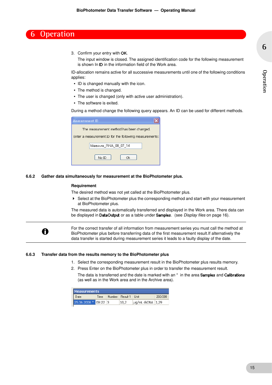 6 operation, Op er at ion | Eppendorf BioPhotometer Data Transfer User Manual | Page 15 / 36