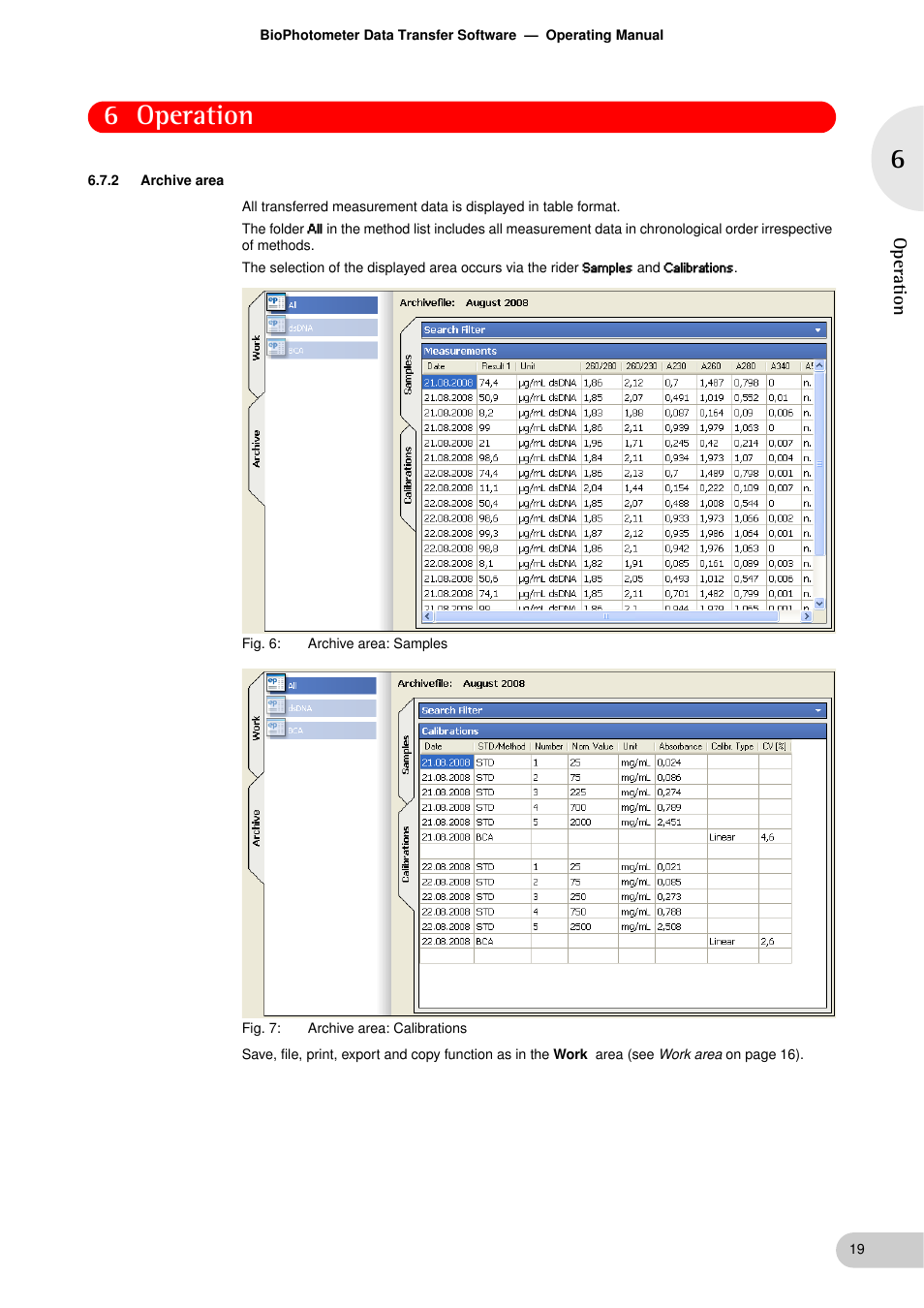 2 archive area, Archive area, 6 operation | Op er at ion | Eppendorf BioPhotometer Data Transfer User Manual | Page 19 / 36