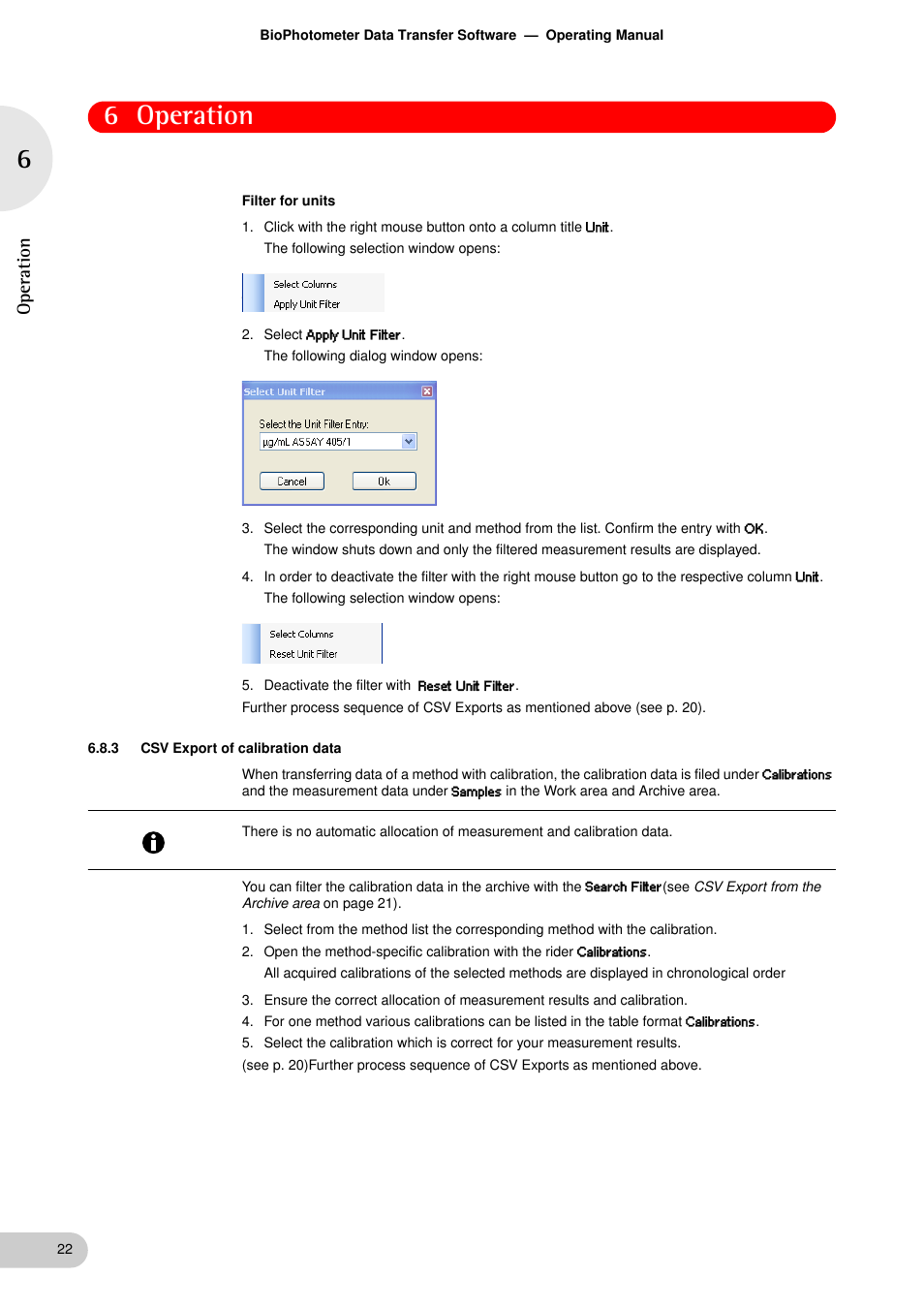 3 csv export of calibration data, Csv export of calibration data, 6 operation | Operation | Eppendorf BioPhotometer Data Transfer User Manual | Page 22 / 36