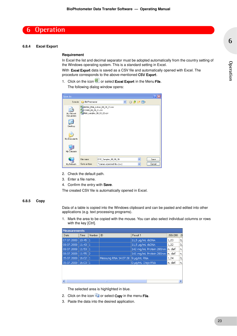 4 excel export, 5 copy, Excel export | Copy, See p. 23), Ograms)(see copy, 6 operation | Eppendorf BioPhotometer Data Transfer User Manual | Page 23 / 36