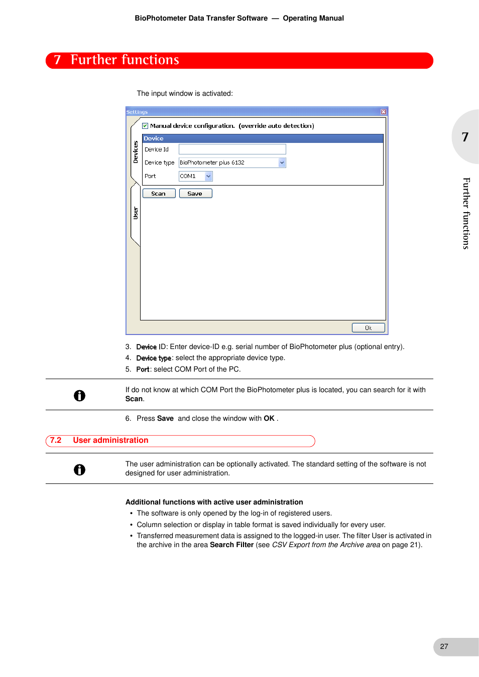 2 user administration, User administration, 7 further functions | Further functions | Eppendorf BioPhotometer Data Transfer User Manual | Page 27 / 36