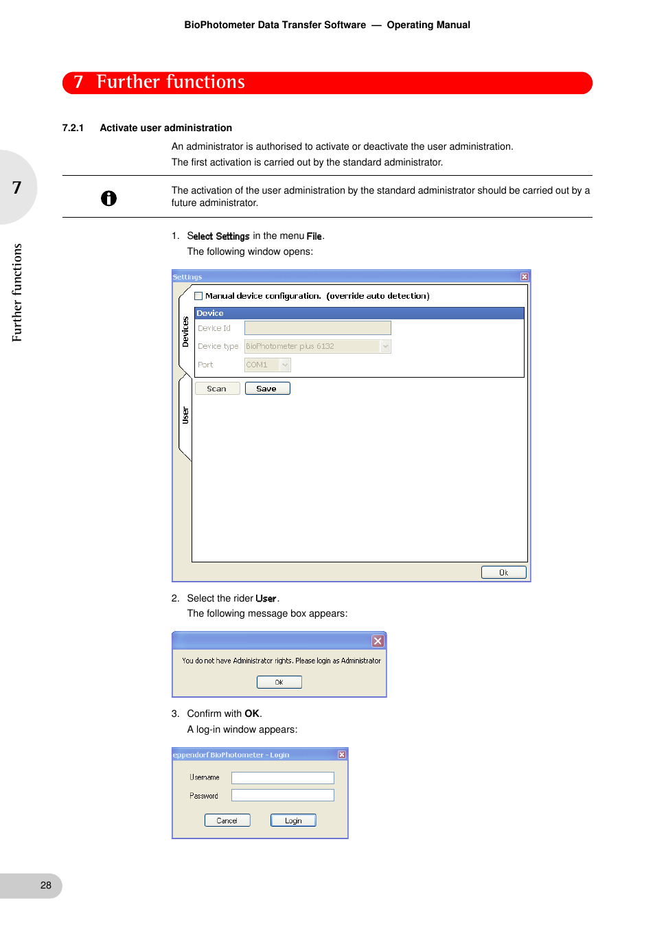 1 activate user administration, Activate user administration, 7 further functions | Eppendorf BioPhotometer Data Transfer User Manual | Page 28 / 36