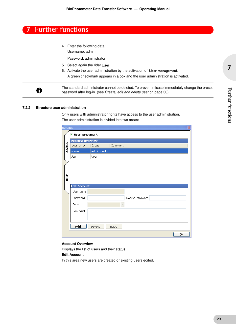 2 structure user administration, Structure user administration, 7 further functions | Further functions | Eppendorf BioPhotometer Data Transfer User Manual | Page 29 / 36