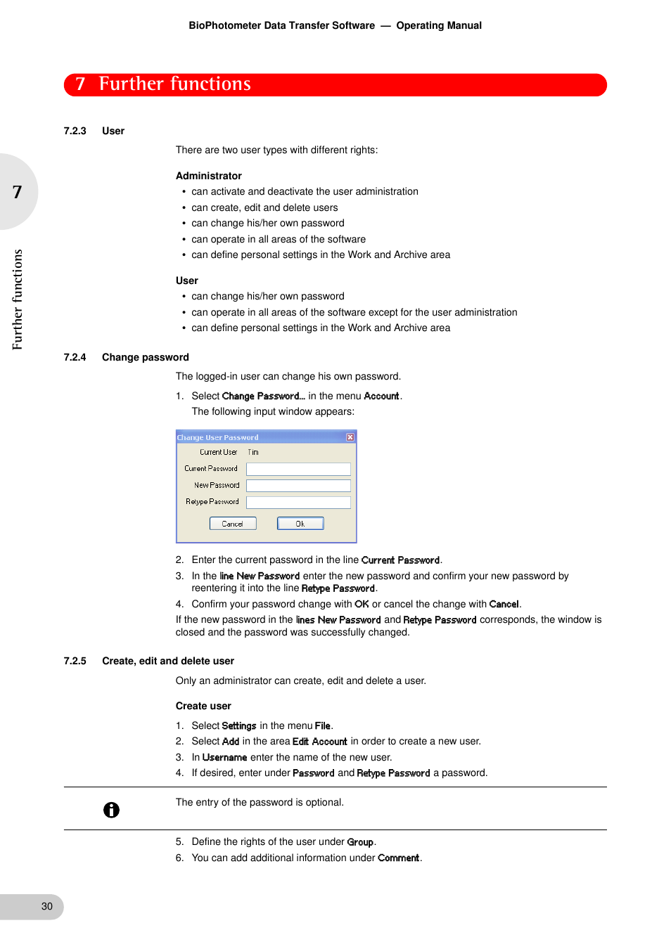 3 user, 4 change password, 5 create, edit and delete user | User, Change password, Create, edit and delete user, 7 further functions, Further func tions | Eppendorf BioPhotometer Data Transfer User Manual | Page 30 / 36