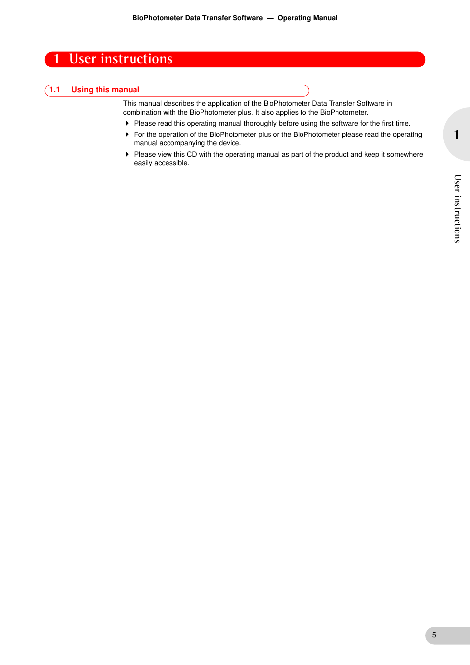 User instructions, 1 using this manual, User instructions 1.1 | Using this manual, 1 user instructions, User instruc tions | Eppendorf BioPhotometer Data Transfer User Manual | Page 5 / 36