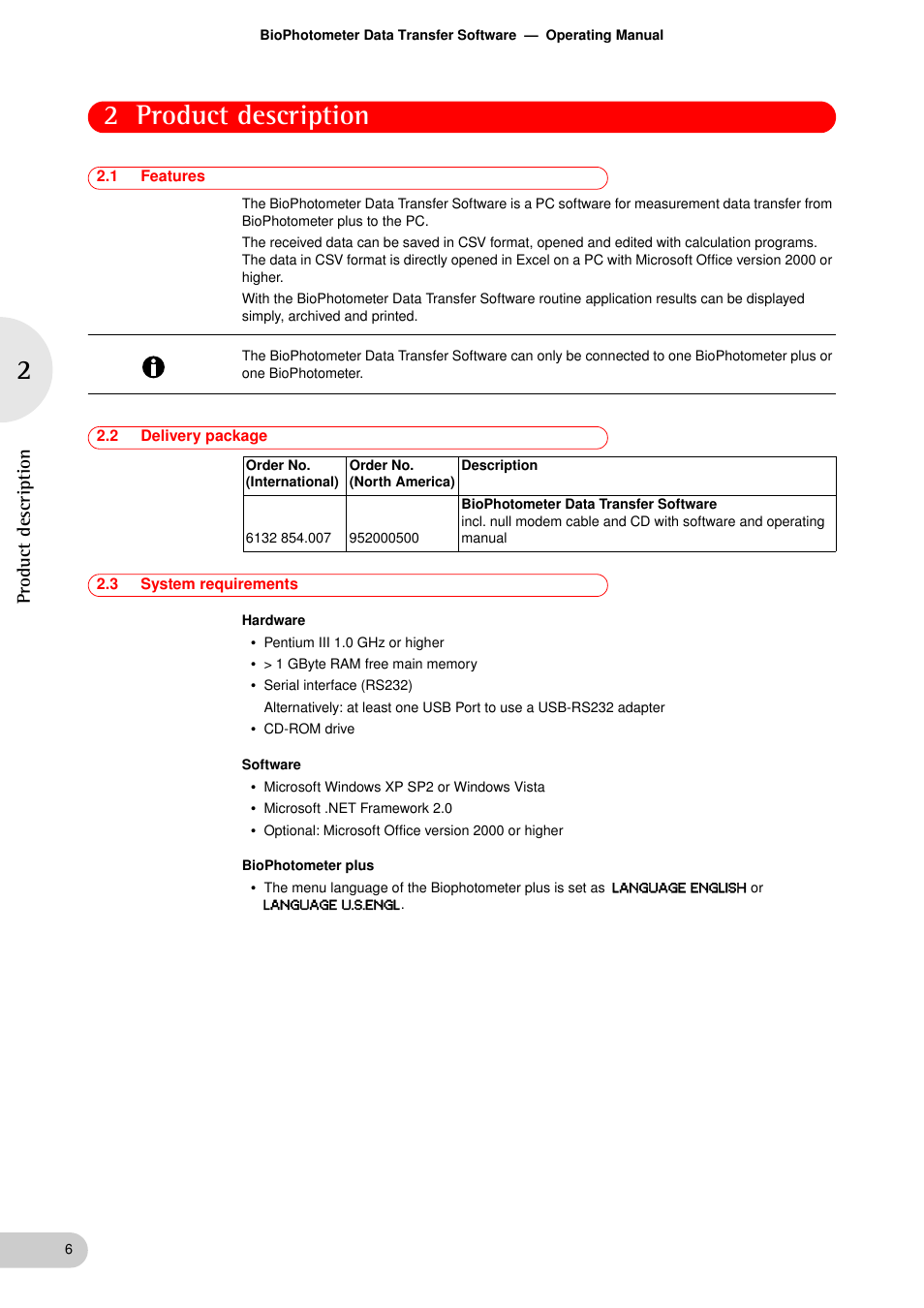 Product description, 1 features, 2 delivery package | 3 system requirements, Product description 2.1, Features, Delivery package, System requirements, 2 product description, Product descriptio n | Eppendorf BioPhotometer Data Transfer User Manual | Page 6 / 36