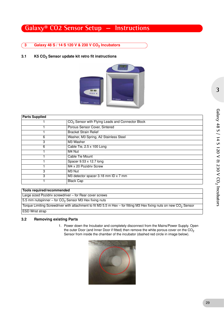 3 galaxy 48 s / 14 s 120 v & 230 v co2 incubators, 1 k5 co2 sensor update kit retro fit instructions, 2 removing existing parts | Galaxy® co2 sensor setup — instructions, Incubators | Eppendorf Galaxy Gas Analyzer User Manual | Page 29 / 38