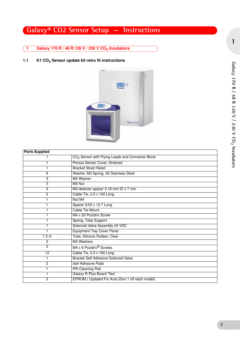 1 galaxy 170 r / 48 r 120 v / 230 v co2 incubators, 1 k1 co2 sensor update kit retro fit instructions, Galaxy® co2 sensor setup — instructions | Incubators | Eppendorf Galaxy Gas Analyzer User Manual | Page 3 / 38