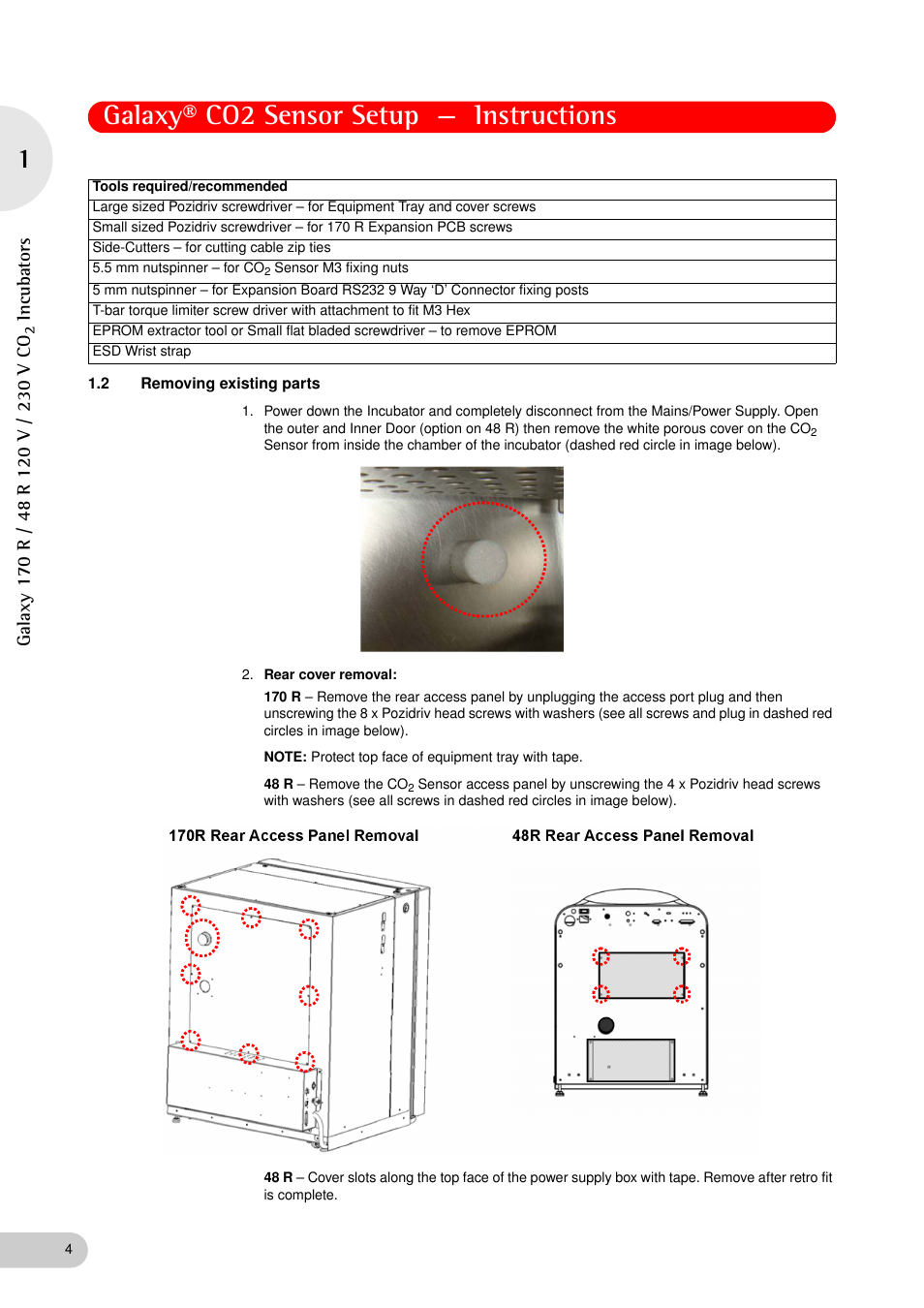 2 removing existing parts, Galaxy® co2 sensor setup — instructions, Inc ubators | Eppendorf Galaxy Gas Analyzer User Manual | Page 4 / 38