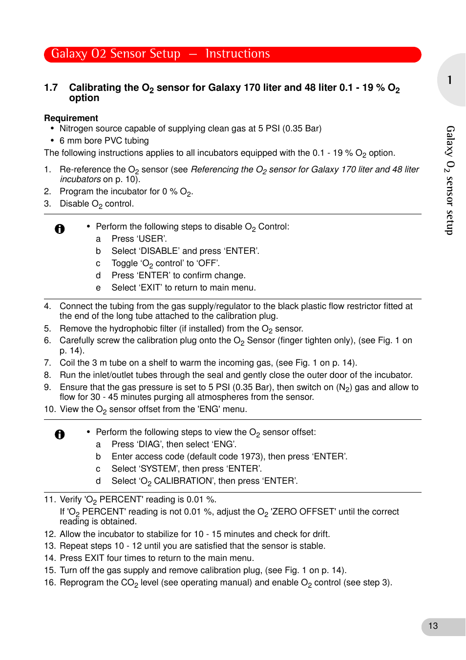 R calibration instructions (see calibrating the o, Sensor for galaxy 170 liter, And 48 liter 0.1 - 19 % o | Option on p. 13), Galaxy o2 sensor setup — instructions, Galaxy o, Sens or se tup | Eppendorf Galaxy CO2 Sensor User Manual | Page 13 / 16