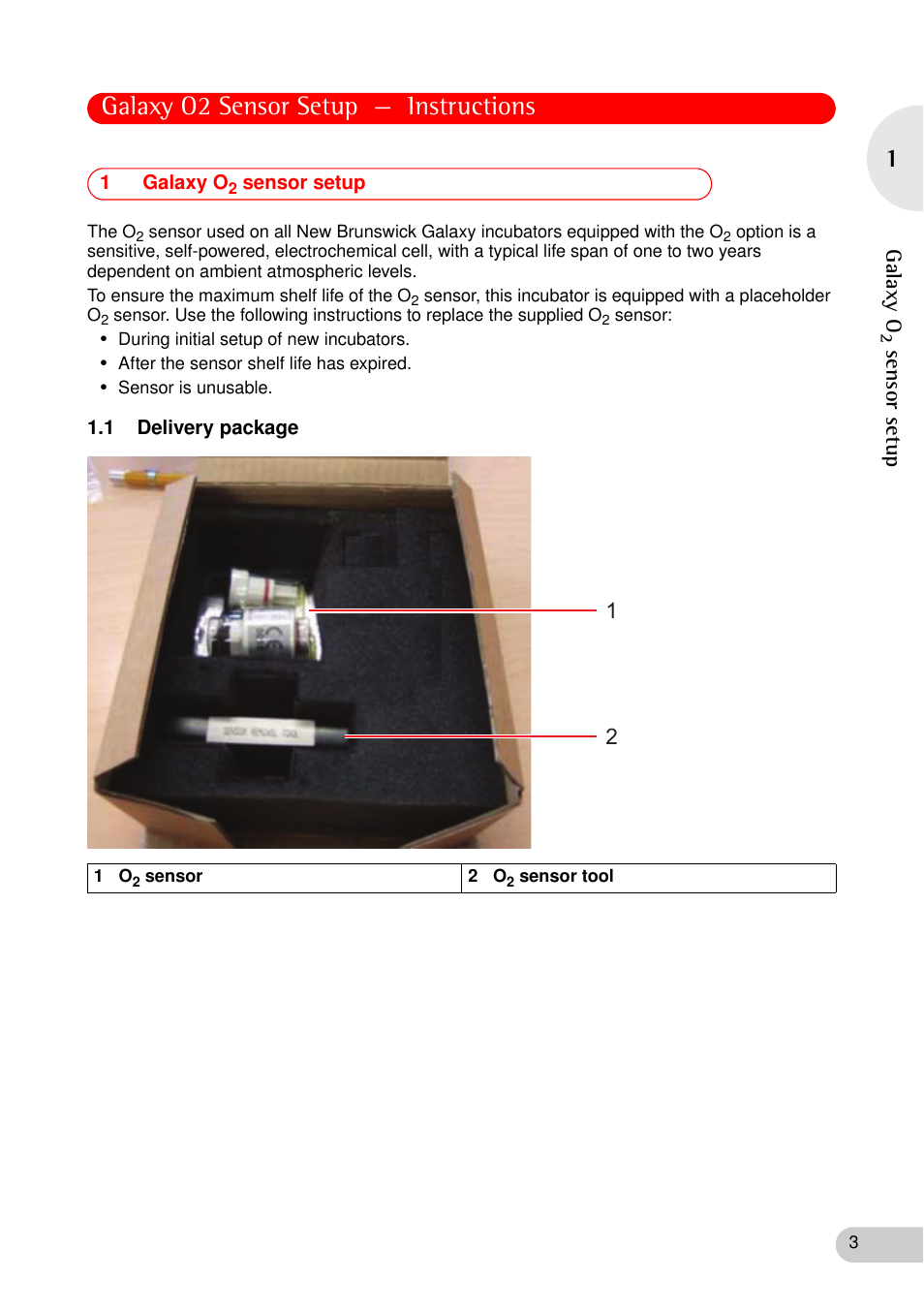 1 galaxy o2 sensor setup, 1 delivery package, Galaxy o2 sensor setup — instructions | Galaxy o, Sens or se tup | Eppendorf Galaxy CO2 Sensor User Manual | Page 3 / 16