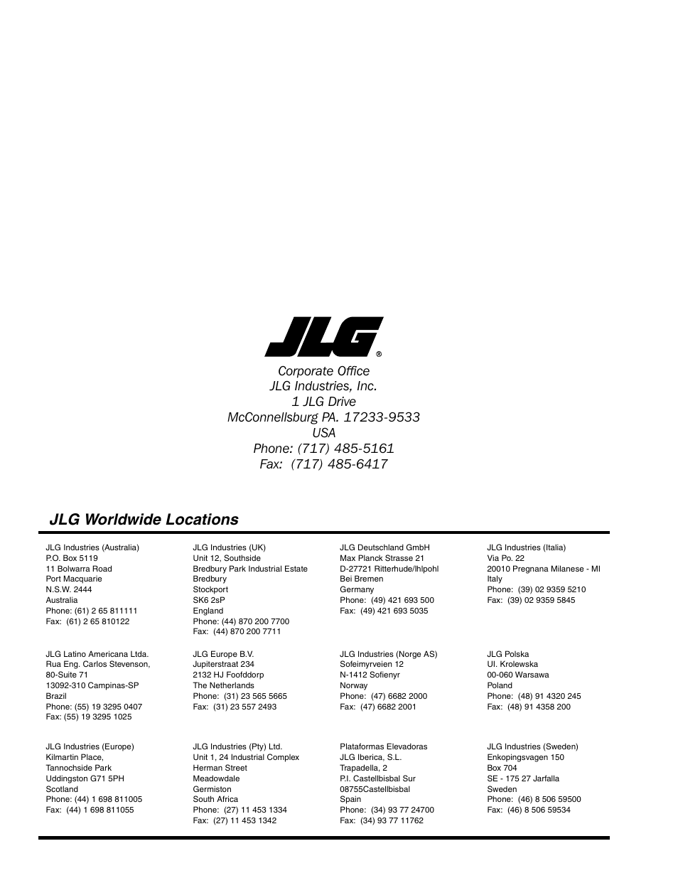 Jlg worldwide locations | JLG 120HX Service Manual User Manual | Page 116 / 116