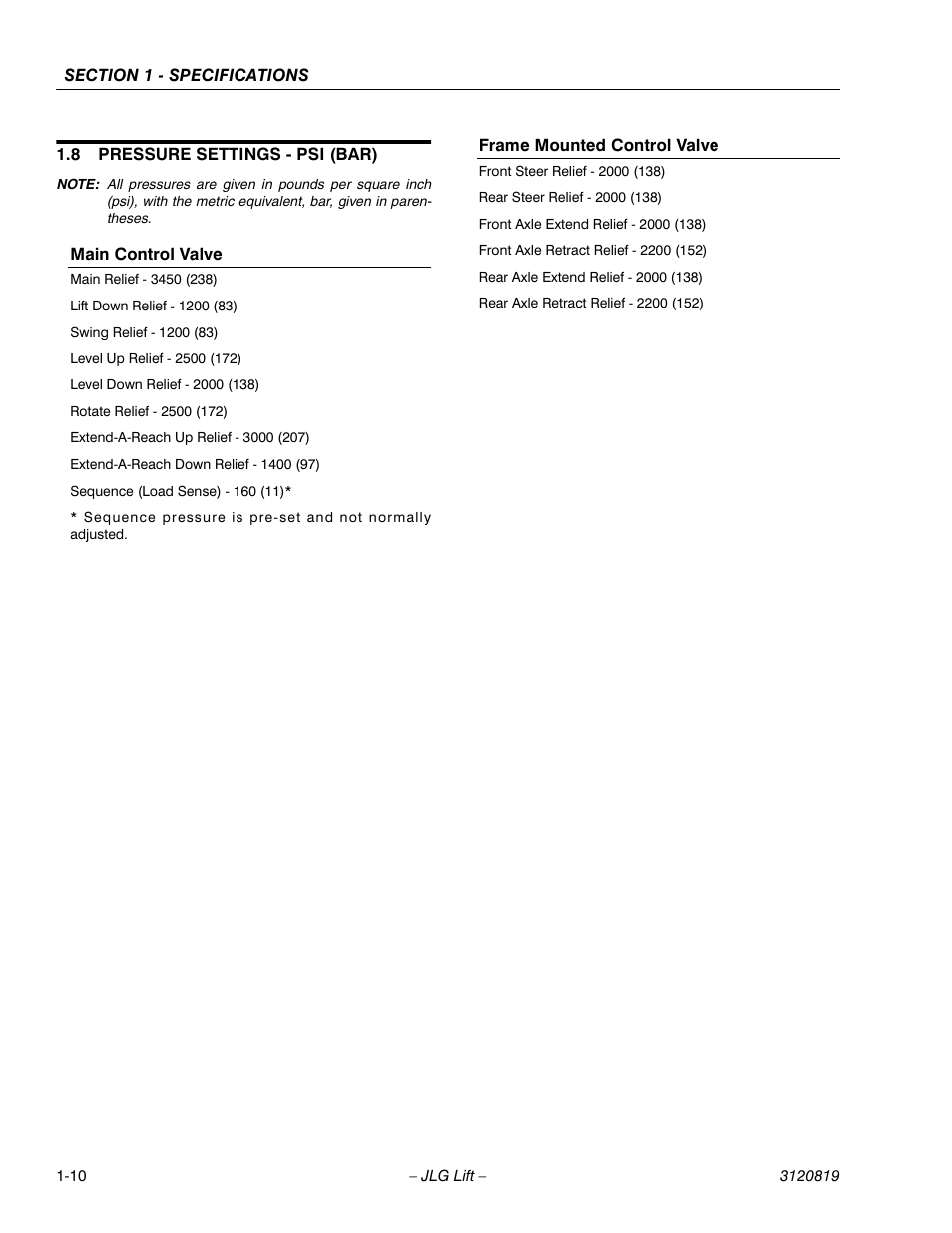 8 pressure settings - psi (bar), Pressure settings - psi (bar) -10 | JLG 120HX Service Manual User Manual | Page 20 / 116