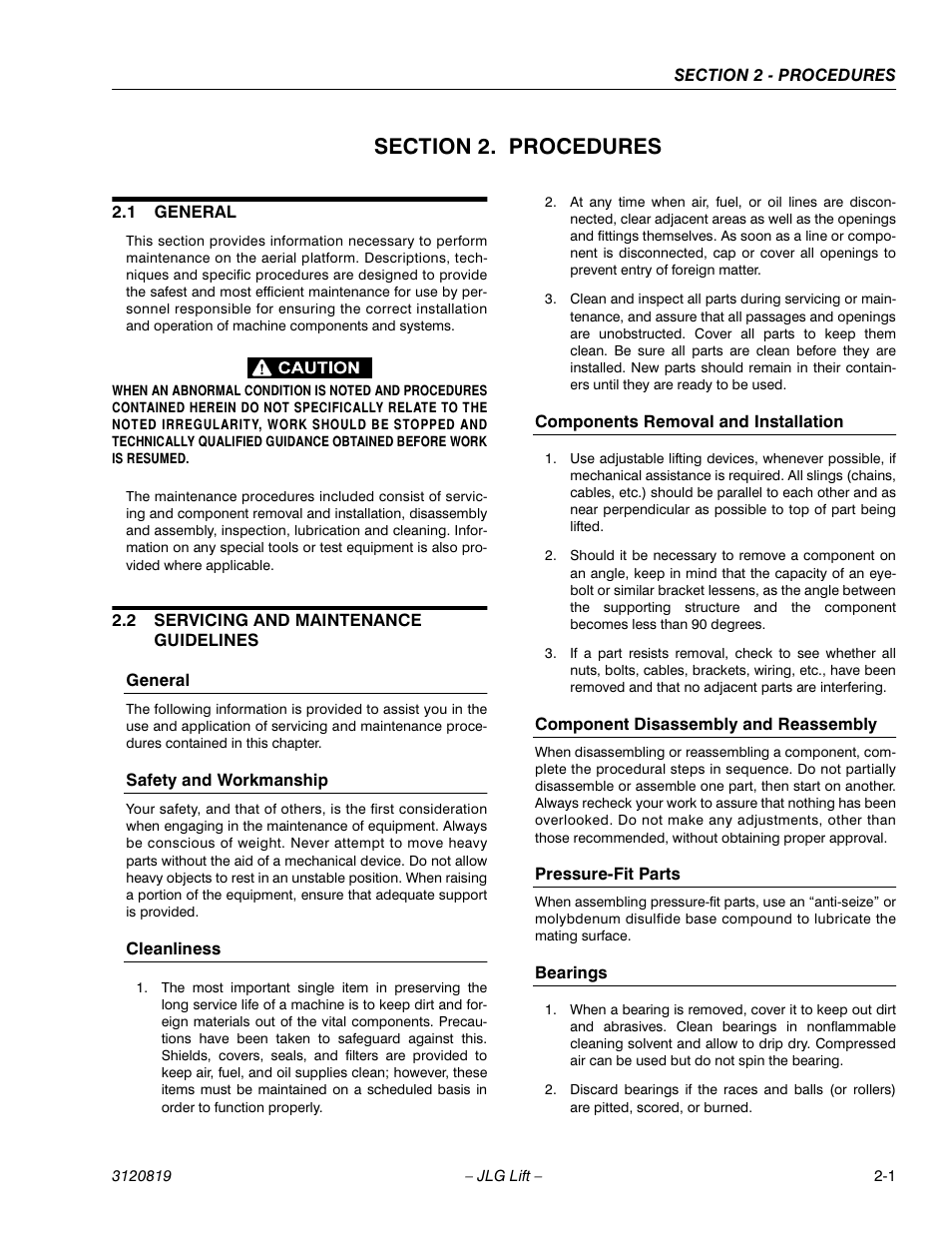 Section 2. procedures, 1 general, 2 servicing and maintenance guidelines | Section 2 - procedures, General -1, Servicing and maintenance guidelines -1 | JLG 120HX Service Manual User Manual | Page 23 / 116