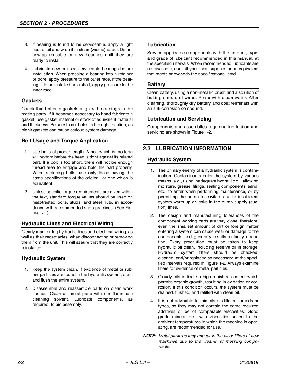 3 lubrication information, Lubrication information -2, Hydraulic system -2 | JLG 120HX Service Manual User Manual | Page 24 / 116