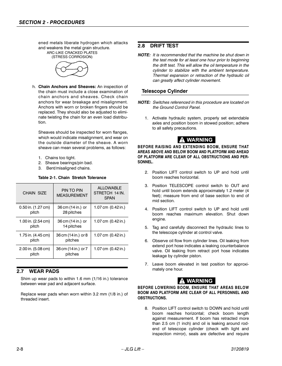 7 wear pads, 8 drift test, Wear pads -8 | Drift test -8, Telescope cylinder -8, Chain stretch tolerance -8 | JLG 120HX Service Manual User Manual | Page 30 / 116