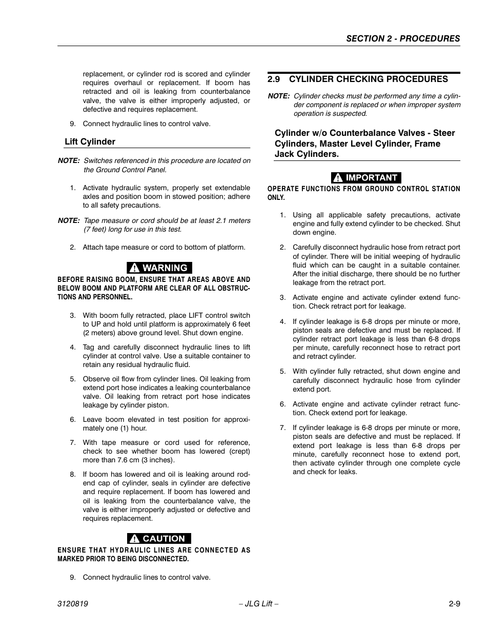 9 cylinder checking procedures, Lift cylinder -9, Cylinder checking procedures -9 | Frame jack cylinders | JLG 120HX Service Manual User Manual | Page 31 / 116