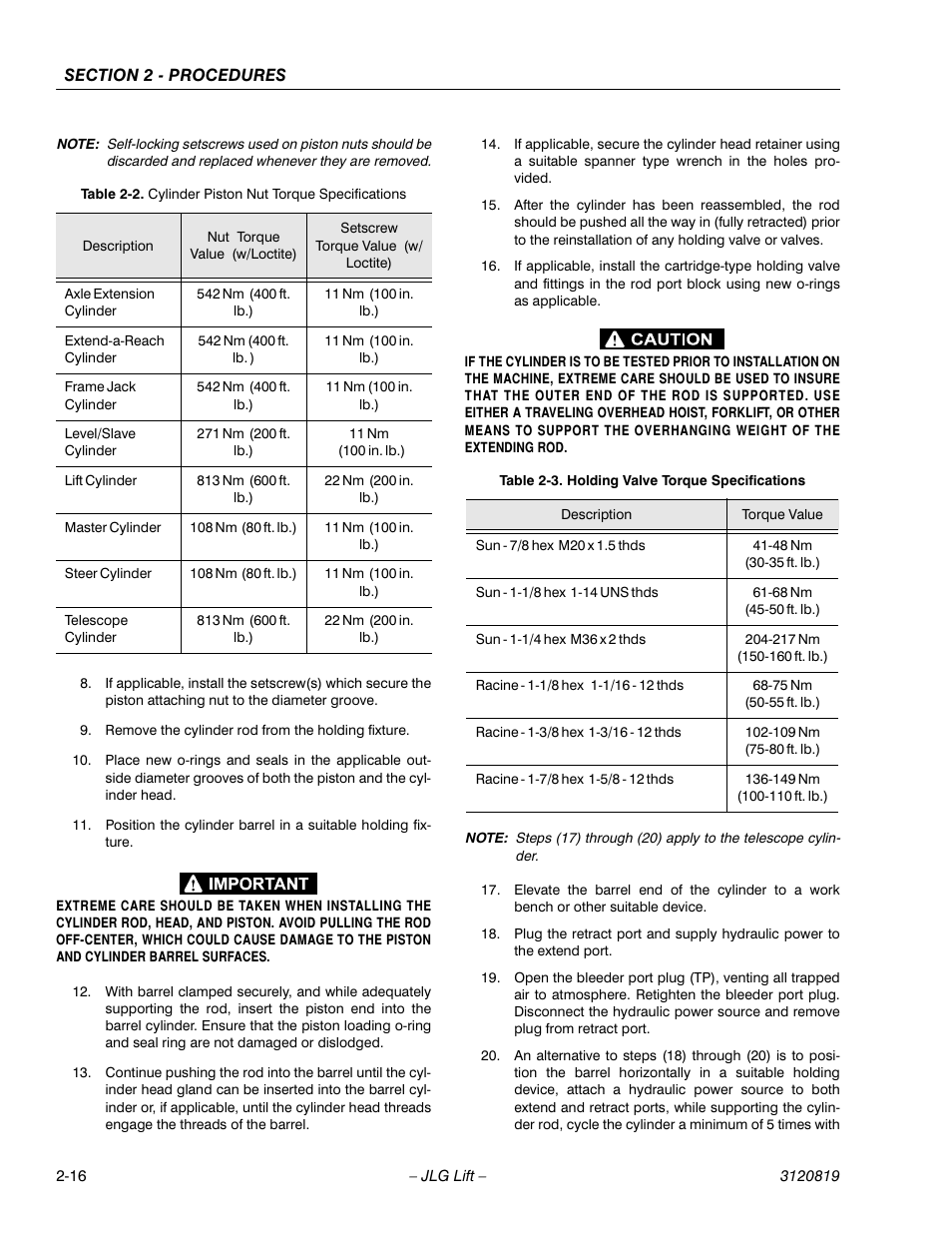 Cylinder piston nut torque specifications -16, Holding valve torque specifications -16 | JLG 120HX Service Manual User Manual | Page 38 / 116