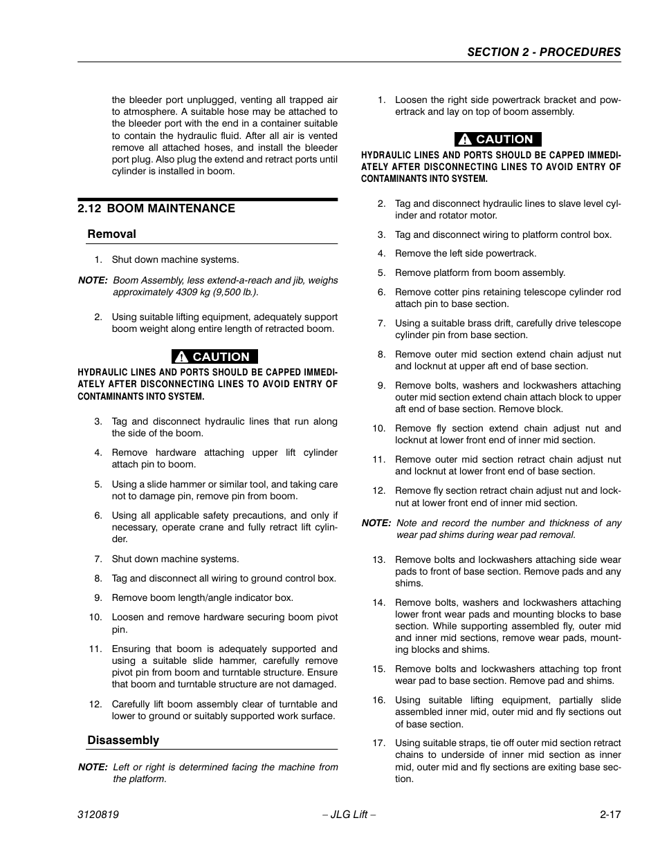 12 boom maintenance, Boom maintenance -17, Removal -17 disassembly -17 | JLG 120HX Service Manual User Manual | Page 39 / 116